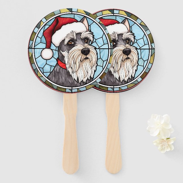Miniature Schnauzer Stained Glass Christmas Hand Fan (Front and Back)