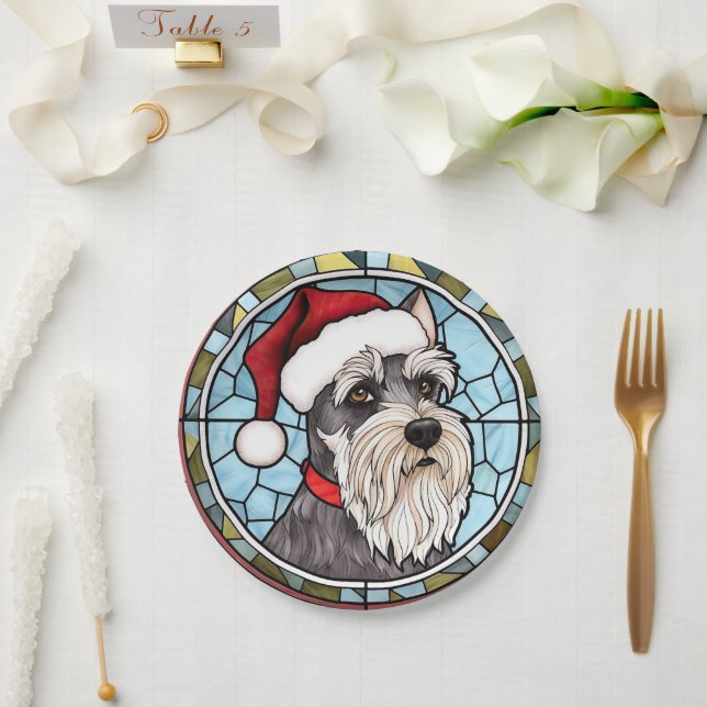 Miniature Schnauzer Stained Glass Christmas Paper Plates (Wedding)