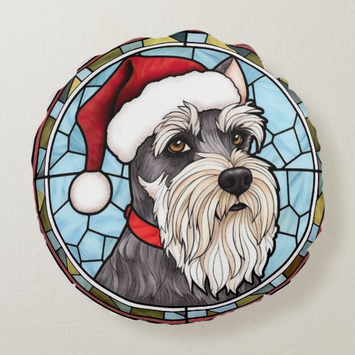 Miniature Schnauzer Stained Glass Christmas Round Pillow