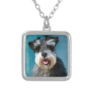 Miniature Schnauzer Water Color Art Painting Silver Plated Necklace