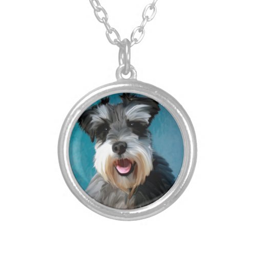 Miniature Schnauzer Water Color Art Painting Silver Plated Necklace