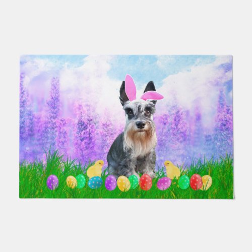 Miniature Schnauzer with Easter Eggs Bunny Chicks Doormat