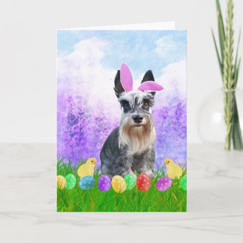 Miniature Schnauzer with Easter Eggs Bunny Chicks Holiday Card