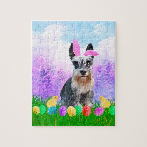 Miniature Schnauzer with Easter Eggs Bunny Chicks Jigsaw Puzzle