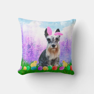 Miniature Schnauzer with Easter Eggs Bunny Chicks Throw Pillow