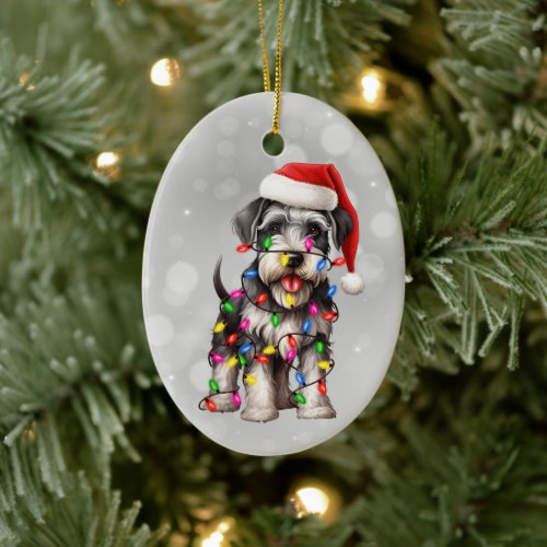 Miniature Schnauzer Wrapped in Christmas Lights Ceramic Ornament