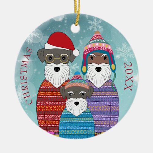 Miniature Schnauzers Christmas Family Portrait Pos Ceramic Ornament