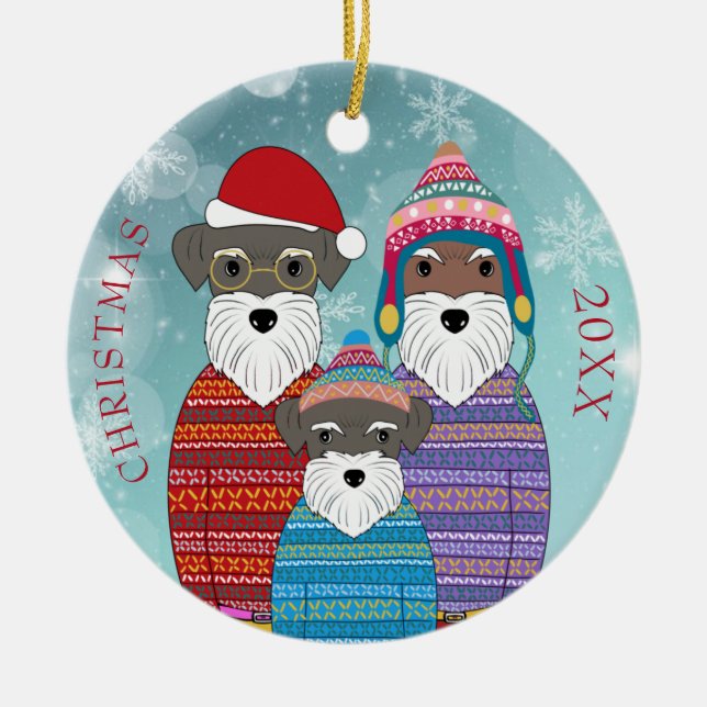 Miniature Schnauzers Christmas Family Portrait Pos Ceramic Ornament (Front)