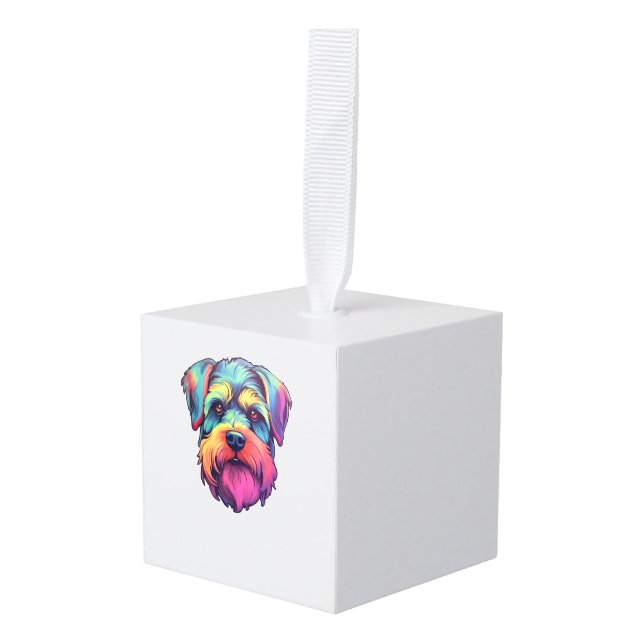 Miniature Shining Schnauzer Neon Retro Sticker   Cube Ornament (Front Angled)