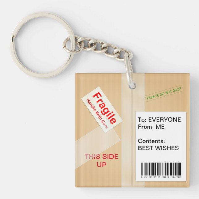 Miniature Shipping Box Whimsical Custom Text Keychain (Front)