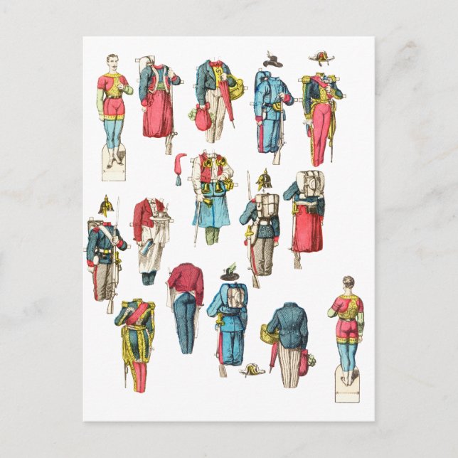 miniature soldier military men paper doll cut outs postcard (Front)
