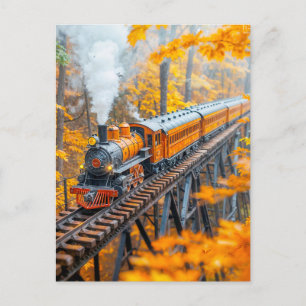 Miniature steam train on forest trestle bridge holiday postcard