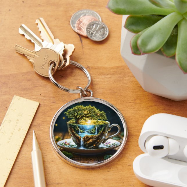 Miniature teacup wonderland colorful art keychain (Desk)