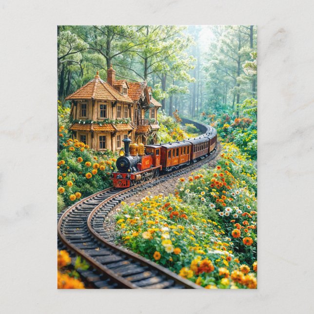 Miniature train winding through spring hills holiday postcard (Front)