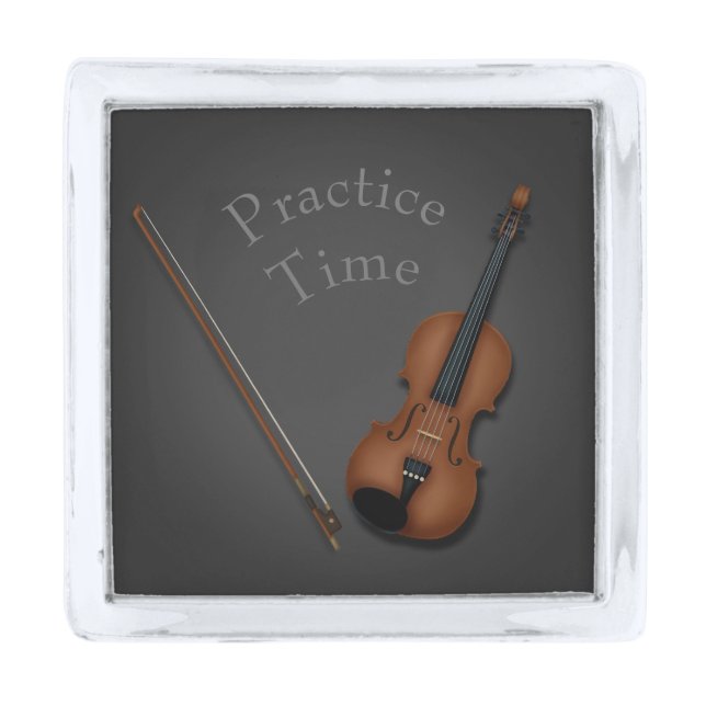 Miniature Violin & Bow Inside Personalized Silver Finish Lapel Pin (Front)