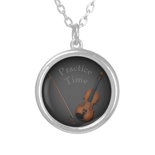Miniature Violin & Bow Inside Personalized Silver Plated Necklace (Front)