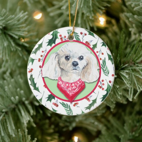 Miniature White Poodle Holly Border Ceramic Ornament