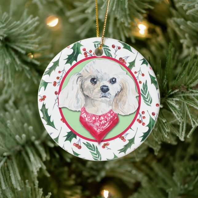 Miniature White Poodle Holly Border Ceramic Ornament (Tree)