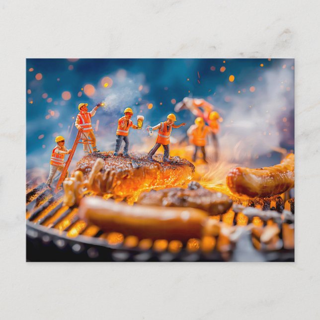 miniature workers grilling sausages and pork chop holiday postcard (Front)