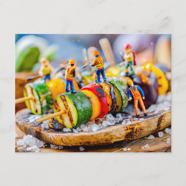 miniature workers preparing vegetable skewers holiday postcard (Front)