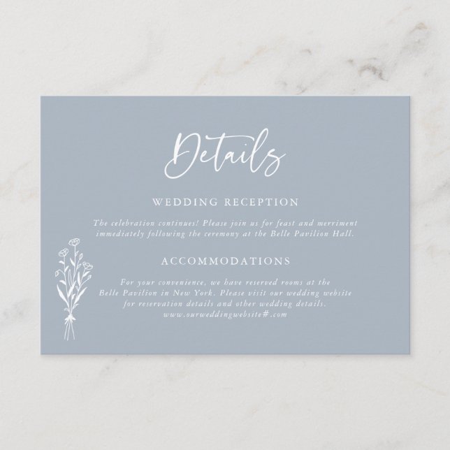 Minimailist Bouquet Dusty Blue Wedding Details Enclosure Card (Front)