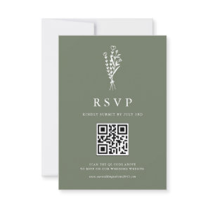 Minimailist Bouquet Taupe Green QR Code Wedding RSVP Card
