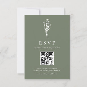 Minimailist Bouquet Taupe Green QR Code Wedding RSVP Card