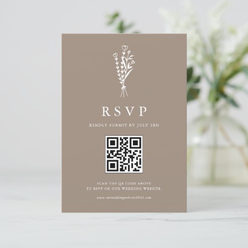 Minimailist Floral Bouquet Taupe QR Code Wedding RSVP Card