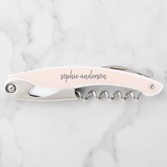 Minimaist Modern | Blush Pink Bridesmaid Name Waiter's Corkscrew (Front)