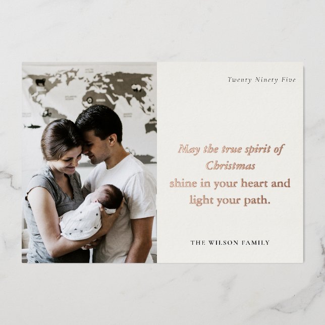 Minimal 1 Photo Black & White Christmas Spirit Foil Holiday Card (Front)