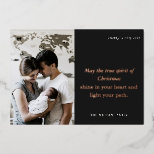 Minimal 1 Photo Black & White Christmas Spirit Foil Holiday Card