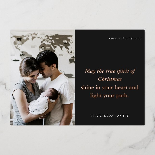 Minimal 1 Photo Black & White Christmas Spirit Foil Holiday Card (Front)