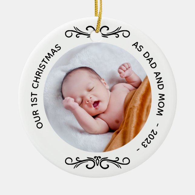 Minimal 1st Christmas as Dad Mom Photo Ceramic Ornament (Front)