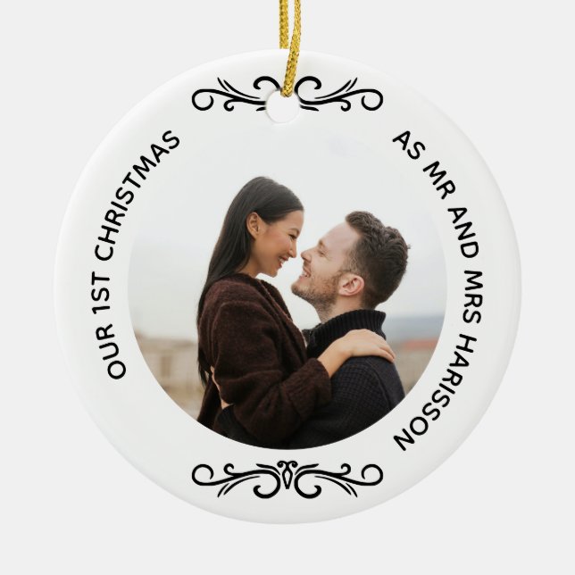 Minimal 1st Christmas as Mr and Mrs Photo Ceramic Ornament (Front)