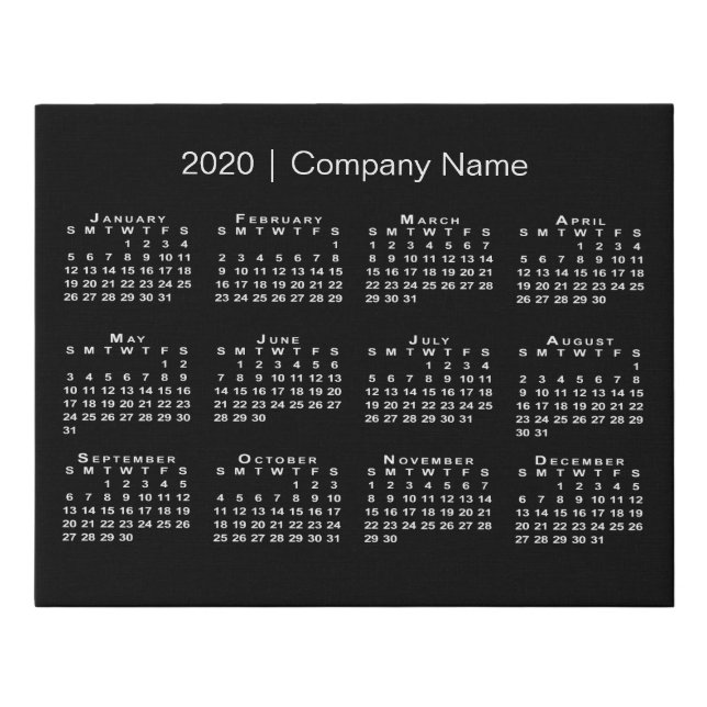 Minimal 2020 Calendar with Company Name on Black Faux Canvas Print (Front)