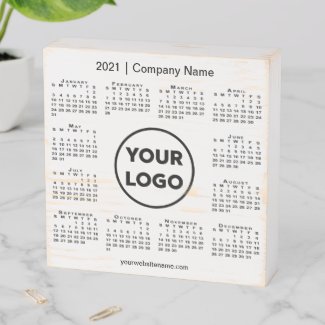 Minimal 2021 Calendar with Company Logo and Name Wooden Box Sign