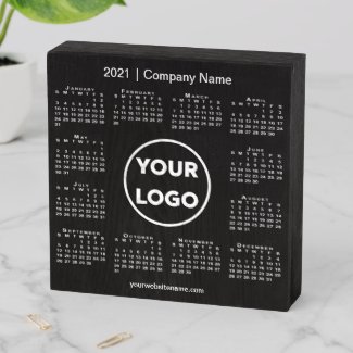 Minimal 2021 Calendar with Company Logo on Black Wooden Box Sign