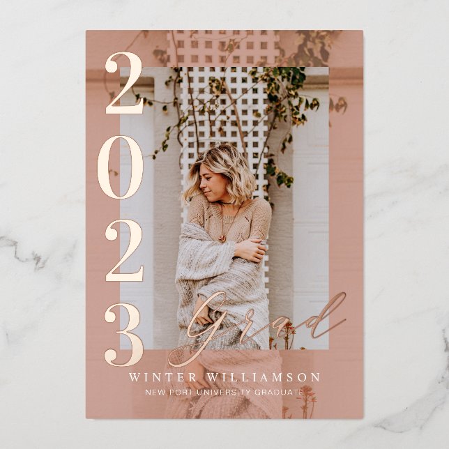 Minimal 2022 Grad Party Script Pink Overlay Photo Foil Invitation (Front)