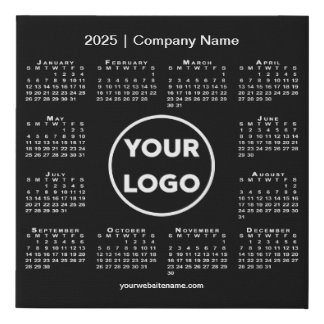 Minimal 2025 Calendar with Company Logo on Black Faux Canvas Print