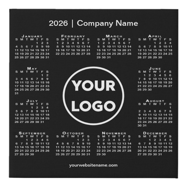 Minimal 2026 Calendar Company Logo on Black Faux Canvas Print (Front)