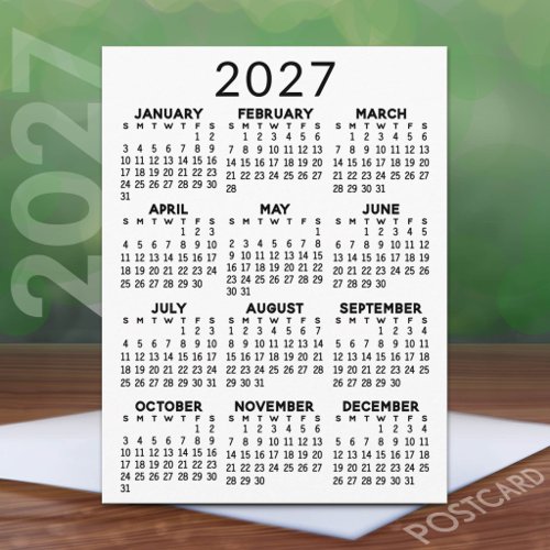 Minimal 2027 Calendar - Full Year View Black White Postcard
