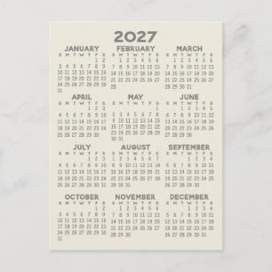 Minimal 2027 Calendar - Full Year View Grey Beige Postcard