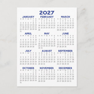 Minimal 2027 Calendar - Full Year View Grey Blue Postcard