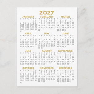 Minimal 2027 Calendar - Full Year View Grey Gold Postcard