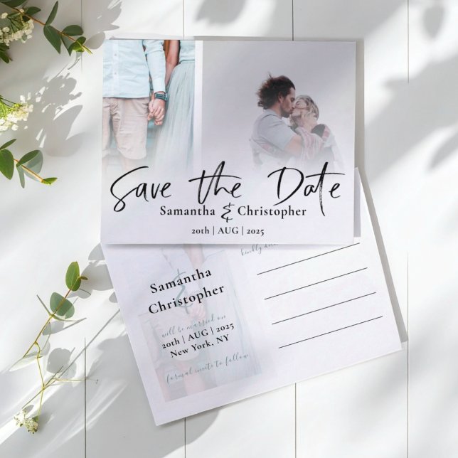Minimal 2 Photo Collage Save the Date  Announcement Postcard (Creator Uploaded)