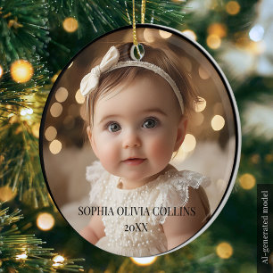 Minimal 2 Photo Cute Newborn Baby Name Modern Xmas Ceramic Ornament