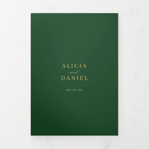 Minimal 2 photo gold dark green wedding RSVP QR Tri-Fold Invitation