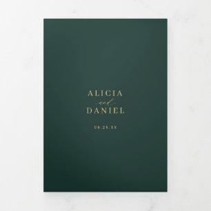 Minimal 2 photo gold emerald green wedding RSVP QR Tri-Fold Invitation