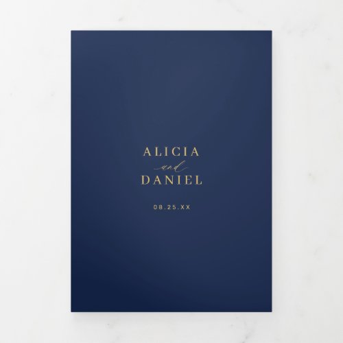 Minimal 2 photo gold navy blue wedding RSVP QR Tri-Fold Invitation