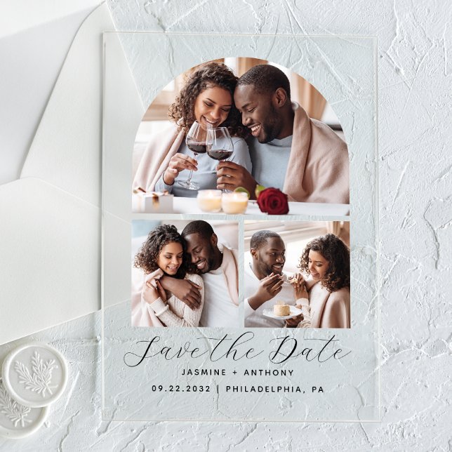 Minimal 3-Photo Arch Collage Save the Date Acrylic Invitations (Creator Uploaded)